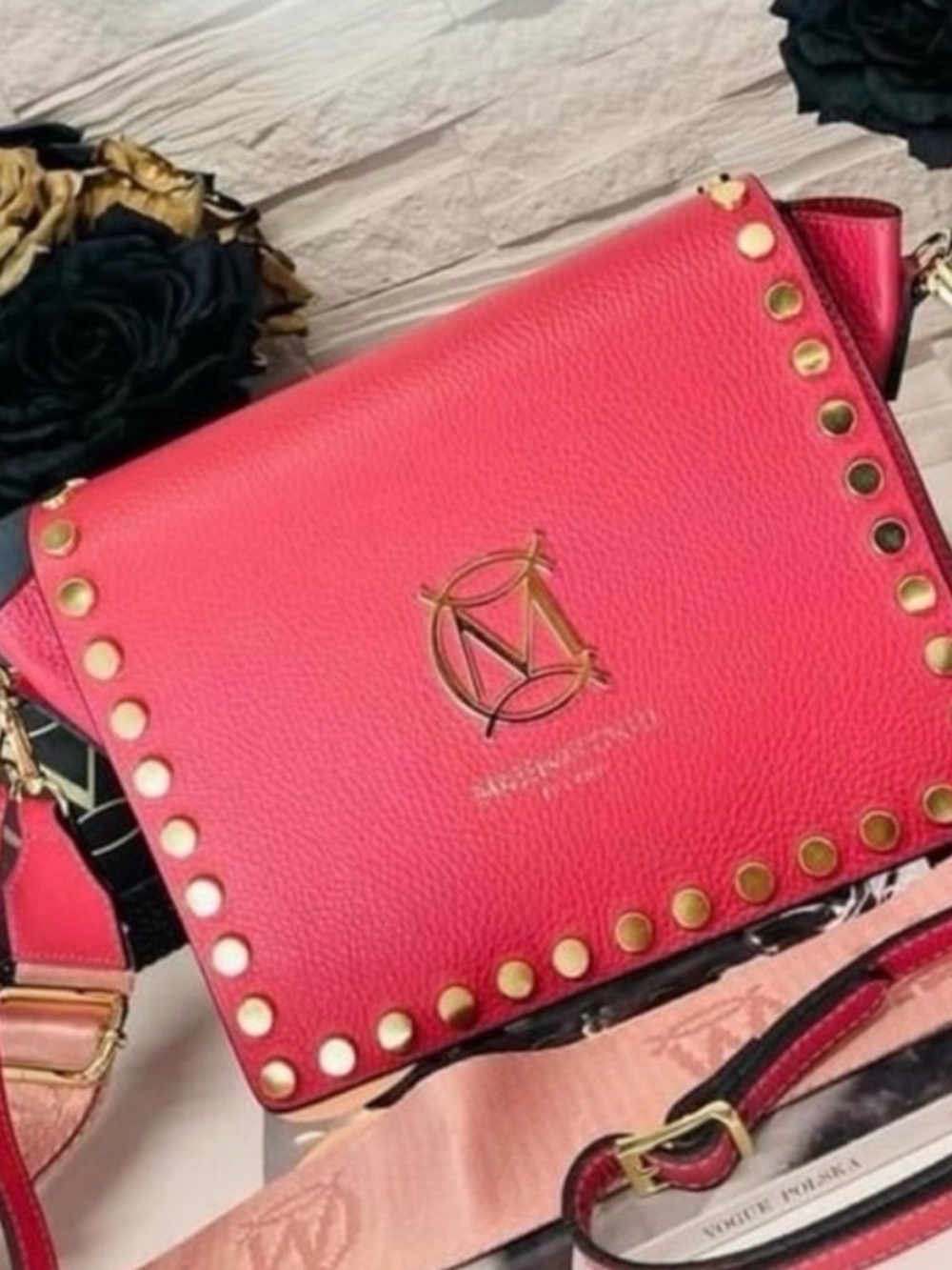 Pink Stud-Trim Crossbody Bag with Signature Emblem